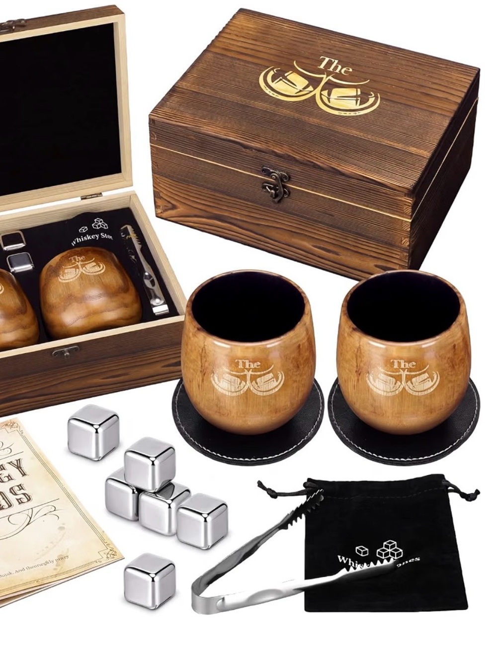 Whiskey Ice Stone Set with Wooden Glasses “Best Dad Ever” Engraved 14 Pc Set
